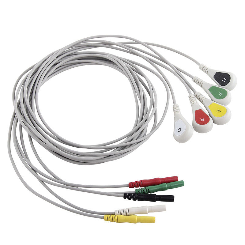 Medical 5 Lead Snap Ecg Cable Din 1.5 AAMI 6pin Holter ECG Cable Dan Leadwire Untuk Perekam Holer